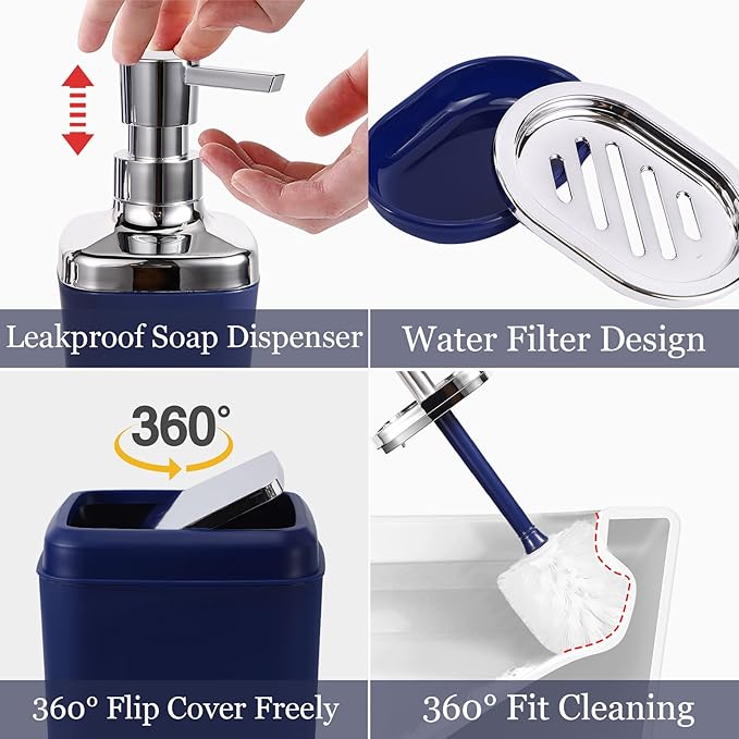 Navy Blue Bathroom Accessories Set, 9-Piece Plastic Gift Set with Trash Can, Toothbrush Holder, Toothbrush Cup, Soap Dispenser, Soap Dish, Toilet Brush Holder,2 Qtip Holder Dispensers and Tray