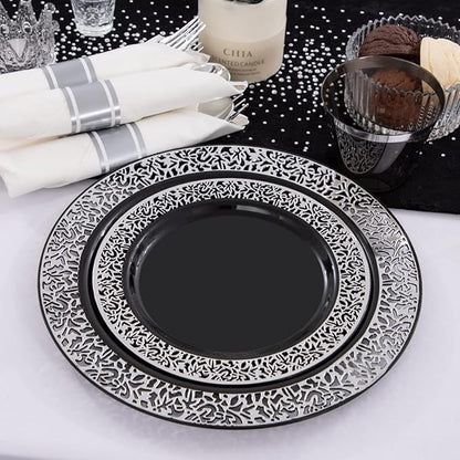 NOCCUR 210PCS Black and Silver Dinnerware Set for 30 Guests - Black Plastic Plates with Silver Rim Include 30 Dinner / 30 Dessert Plates, 30 Prewrapped Silverware, 30 Cups Ideal for Party/New Year