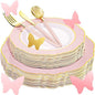 WDF 30Guest Pink Plates Disposable - Hign-end Baroque Design - Gold Plastic Silverware with Handle-Baroque Pink &Gold Plastic Dinnerware for Valentine's Day/Wedding