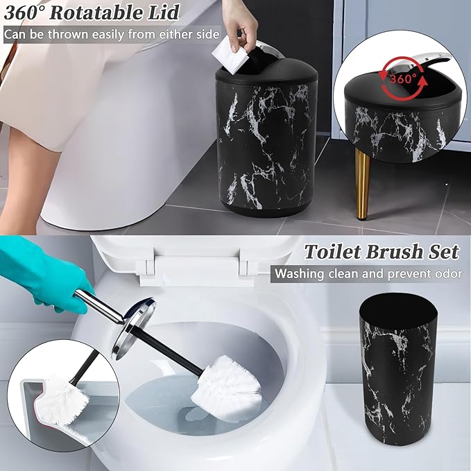 Black Marble Bathroom Accessories Set, Black Bathroom Set with Trash Can, Vanity Tray, Soap Dispenser, Soap Dish, Toothbrush Holder, Toothbrush Cup, Toilet Brush and Qtip Holders for Bathroom