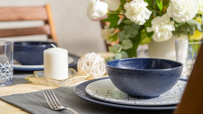 bzyoo 12 Piece Melamine Dinnerware Set - Durable, Dishwasher Safe Plates and Bowls - Dinning, Parties, Camping Dish Set Spidy Blue Collection