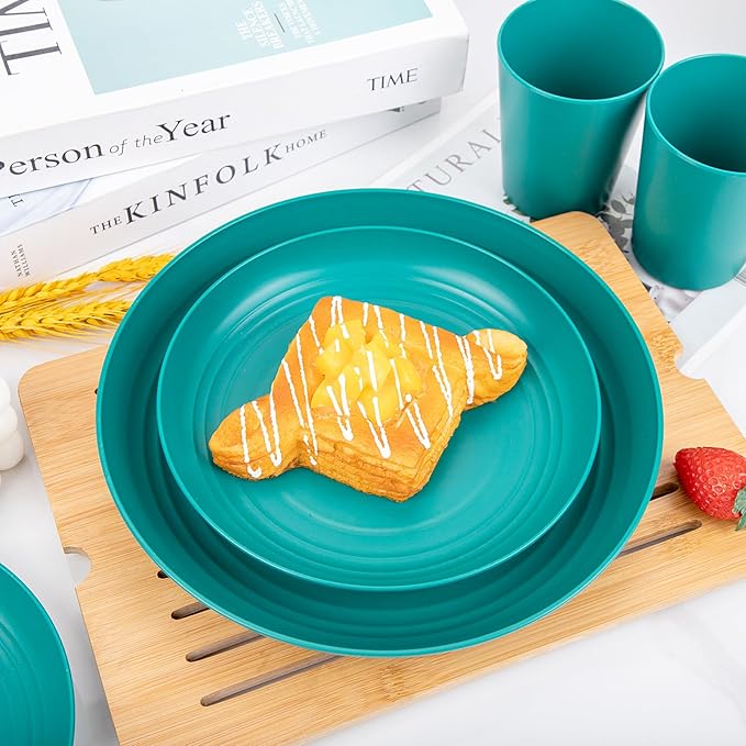 LIYH 48 Pcs Green Wheat Straw Plates and Bowls set - Plastic Dinnerware Set - Dishwasher Safe Camping Plates Dishes Set for 12, Unbreakable Wheat Straw Plate Bowls Reusable 12 Guests