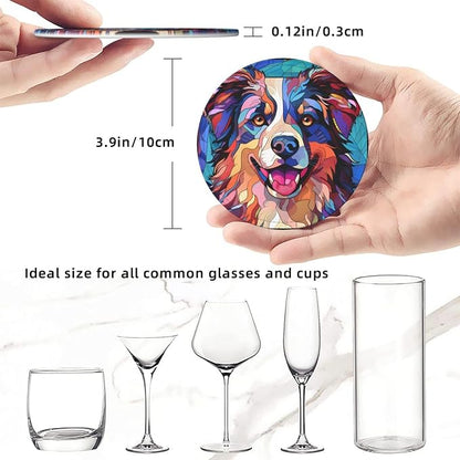Australian Shepherd Stained Dog Breed Glass Art Leather Drinks Coasters