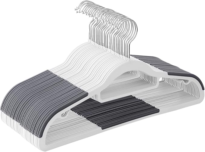 SONGMICS Pack of 30 Coat Hangers, Space-Saving Plastic Clothes Hangers, Non-Slip, 0.2 Inches Slim, 16.5 Inches Wide, 360° Swivel Silver Hook, White and Dark Gray UCRP20WG30