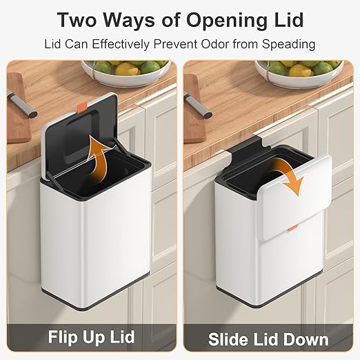 Mbillion Kitchen Compost Bin Hanging Trash Can with Lid 2.1 Gallon Stainless Steel Garbage Can for Kitchen Cabinet Door Mounted Trash Can Under Sink Door RV Bathroom,White