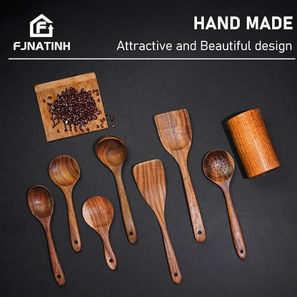 FJNATINH Wooden Spoons for Cooking, 8 Pcs Nonstick Wooden Cooking Utensils Set,Nonstick Natural and Healthy Kitchen Utensil（8 Pcs）