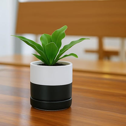 D'vine Dev 3.5 Inch Ceramic Planter Pot with Drainage Hole and Saucer, Indoor Cylinder Round Planter Pot, Layered Monochrome Black & White, 94-O-A-L