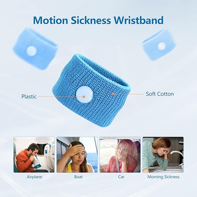 Motion Sickness Wristband, Anti-Nausea Acupressure Wrist Band for Nausea Relief, Dizziness and Vomiting from Car Sea Boat Flying Travel Sickness for Adults and Kids (Light Blue, Large, 2 Pairs)