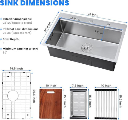 POPFLY 28 x 20 Inch Kitchen Sink, 28 Inch Stainless Steel Top Mount Drop in Workstation Sink, 9-Inch Deep Handmade Sinks with Cutting Board & Strainer, Brushed Nickel（28×20×9）