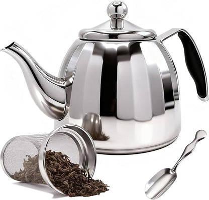 Stainless Steel Tea Pot with Removable Infuser - Loose Leaf Tea Maker, Home & Kitchen Teapot - Large 67.6 oz, Stovetop Safe Teapot for Tea/Coffee, Mirror Finish (2000ml)