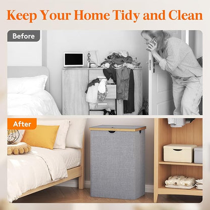 Lifewit 160L Double Laundry Hamper with Lid, Extra Large Bamboo Laundry Basket Dirty Clothes Hamper, 2 Section Laundry Bin Organizer for Laundry Room Bedroom with 2 Removable Liners & Bags, Gray