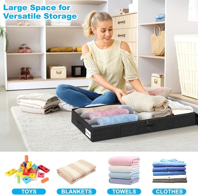 Under Bed Storage Container Bins 2 Pack, 4.5 Inch Slim Low Profile Underbed Clothes Storage Organizer for Dorm & Home, Use for Blanket and Toy Storage Box W/ Sturdy Bottom/Sides, Foldable Thick Fabric