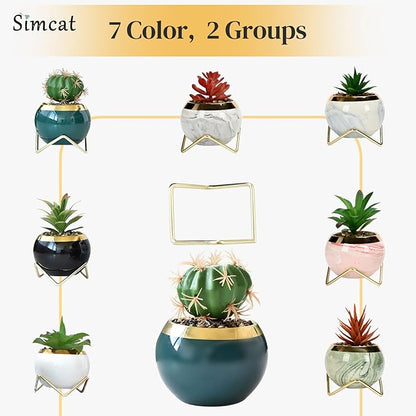 Simcat Succulent Pots with Drainage and Stands Mini Ceramic Flower Pot 4 Cactus Planter Pots Modern Round Succulent Plant Pots for Home Office Desktop Windowsill Décor (Patterned,4)