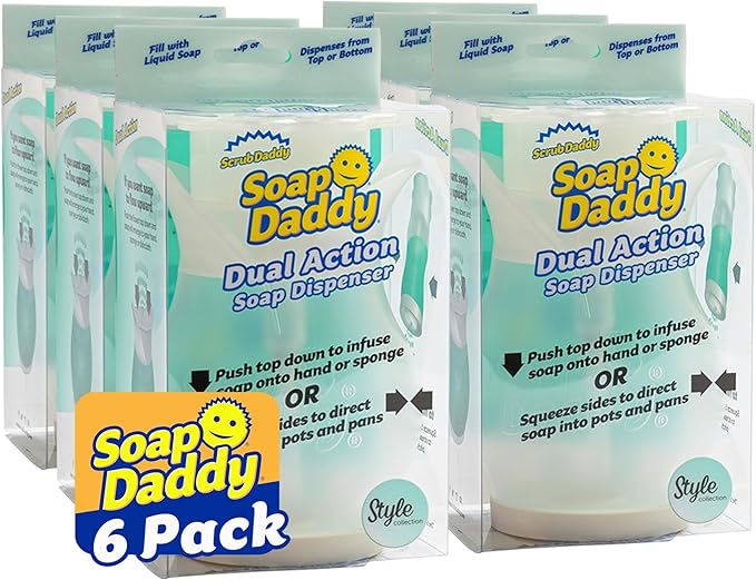Scrub Daddy Soap Daddy - Dual-Sided Liquid Dish Soap Dispenser for Kitchen Sink + Bathroom Cleanup - Refillable + Easy to Use Countertop Essential - Use with Dish or Hand Soap - 1 Count (6 Pack)