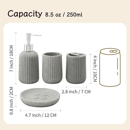 4-Piece Bathroom Accessory Set - Modern Resin & Sandstone Collection - Includes Soap Dispenser 8.5oz, Toothbrush Holder, Tumbler, Soap Dish (Grey)