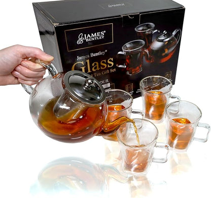 40 Oz Unique Glass teapot Set with 4 double wall insulated Cups, Tea Kettles for Stovetop With Infusers For Loose Tea, Perfect Mom Gift