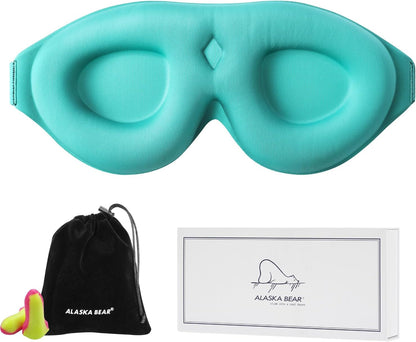 ALASKA BEAR 100% Blackout Sleep Mask for Women and Men, 3D Pillowy Soft Light Blocking Eye Mask with Contoured Eye Cups, Earplugs Set, Blue