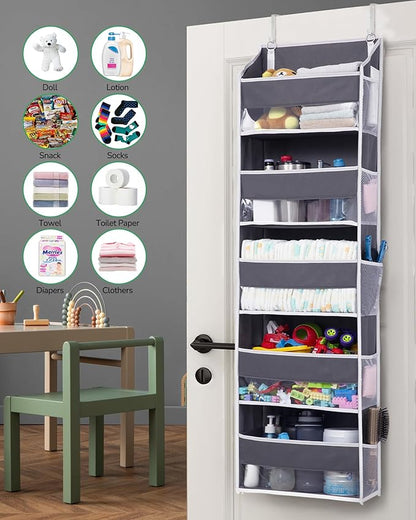 ULG 1 Pack Over Door Organizer with 5 Large Pockets 10 Mesh Side Pockets, 44 lbs Weight Capacity Hanging Storage Organizer with Clear Window Kids Toys, Shoes, Diapers, Dark Grey, 5 Layers