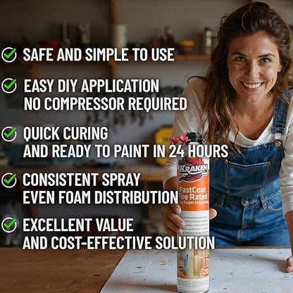 Kraken Bond Fastcoat Fire Rated Spray Foam Insulation Kit Closed Cell in a Can 240 sq ft (12x27.1 oz.)(R-Value 11.32 / 2in)- Spray Foam for Garage Door, Attic, Wall Gun & Cleaner Not Included, 12 Pack