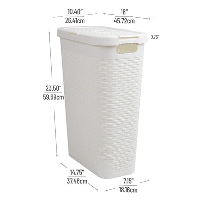 Mind Reader Slim Laundry Hamper with Lid, 40L Clothes Basket, Premium Wicker Design, Plastic, Set of 2, White