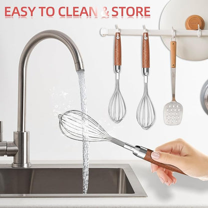 Whisk for Cooking,Stainless Steel Wire Wooden Handle Kitchen Multi Function Non Stick Balloon Whisk Egg Beater for Blending Whisking Beating Frothing Stirring Batters (11"L x 2.1"W)