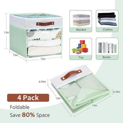 HNZIGE 13x15x13 Cube Storage Bins, 4 Pack Fabric Clear Organizer With Window, Large Collapsible Shelf Bins for Closet, Toy, Clothes - White Green