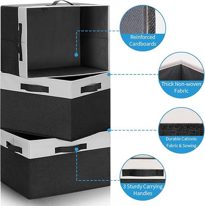 GhvyenntteS Large Storage Baskets for Shelves 6 Pack, Collapsible Fabric Storage Bins with 3 Handles, Decorative Closet Organizers and Storage bins for Clothes Blanket Beddings (Black, 15"x11"x9.6")