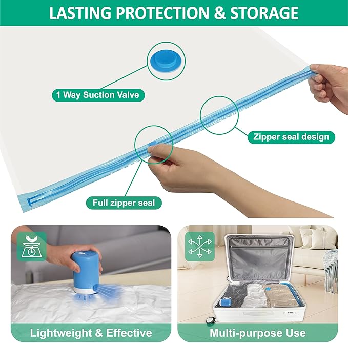 Cozy Essential Travel Vacuum Bags with Electric Pump, 6 Pack Vacuum Travel Bags for Luggage and Suitcase, Vacuum Seal Space Saver Compression for Clothes Clothing
