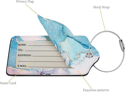 2 Pcs Luggage Tags for Suitcase, Cute Unique PU Leather Travel Bag Tag with Privacy Cover ID Label Address Card and Durable Metal Ring Suitable for Men Women Children Backpack,Blue Marble