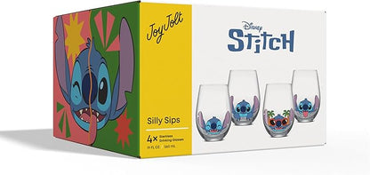 JoyJolt Disney Stitch Silly Sips Stemless Drinking Glasses, 19oz Teardrop Glass Cups, Glass Tumbler Cup Set of 4, Stitch Stuff, Lilo and Stitch Gifts, Disney Gifts for Adults