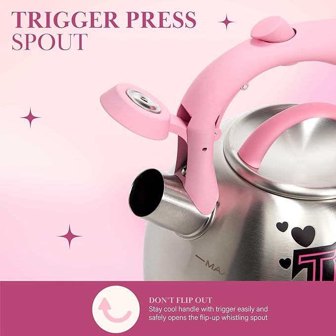 Paris Hilton Whistling Stovetop Tea Kettle, Stainless Steel with Color Changing "That's Hot" Heat Indicator Design, Soft Touch Handle, 2.5-Quart, Pink