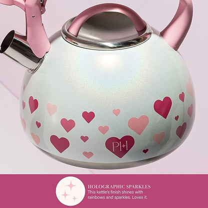 Paris Hilton Whistling Stovetop Tea Kettle, Stainless Steel with Iridescent Heart Design, Soft Touch Handle, 2.5-Quart, Iridescent