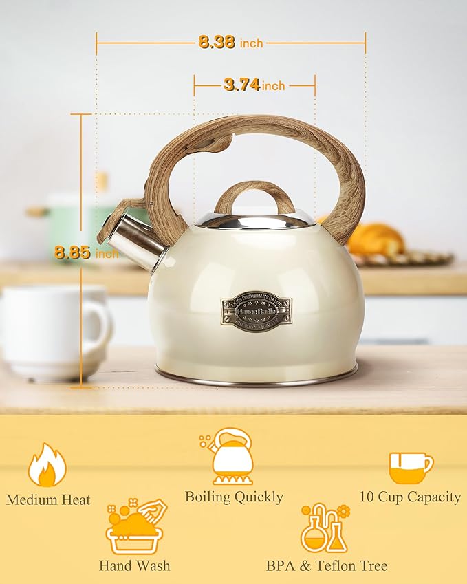 Teapot for Stovetop, 2.1 Quart Stove Top Whistling Tea Kettle, Teapot Kettles with Food Grade Stainless Steel and Wood Pattern Folding Handle, Suitable for All Heat Sources
