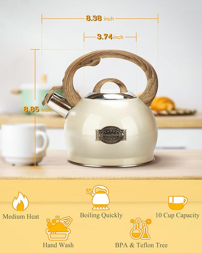 Teapot for Stovetop, 2.1 Quart Stove Top Whistling Tea Kettle, Teapot Kettles with Food Grade Stainless Steel and Wood Pattern Folding Handle, Suitable for All Heat Sources