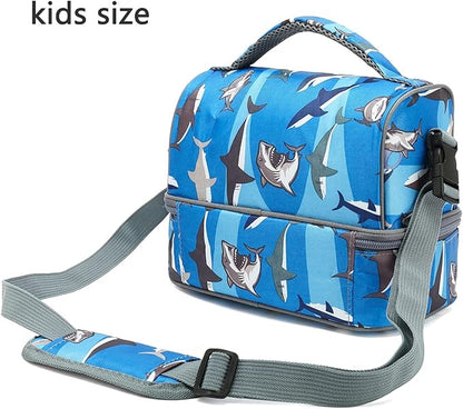 FlowFly Kids Double Decker Cooler Insulated Lunch Bag Large Tote for Boys, Girls, Men, Women, With Adjustable Strap, Shark