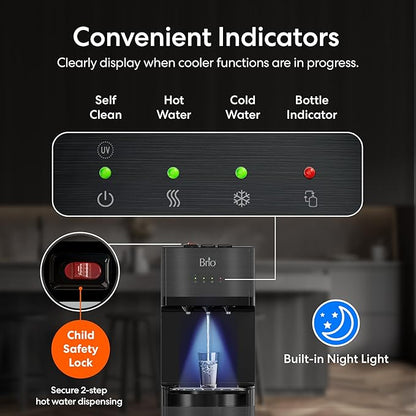 Brio Self Cleaning Bottom Loading Water Cooler Water Dispenser – Black Stainless Steel - 3 Temperature Settings - Hot, Room & Cold Water