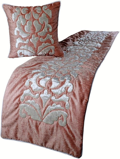 The HomeCentric Decorative Peach & Ivory King 90 x 18 inch Bed Runner with 2 Pillow Cover, Velvet Applique Bed Scarf, Abstract Modern - Peach Elegance