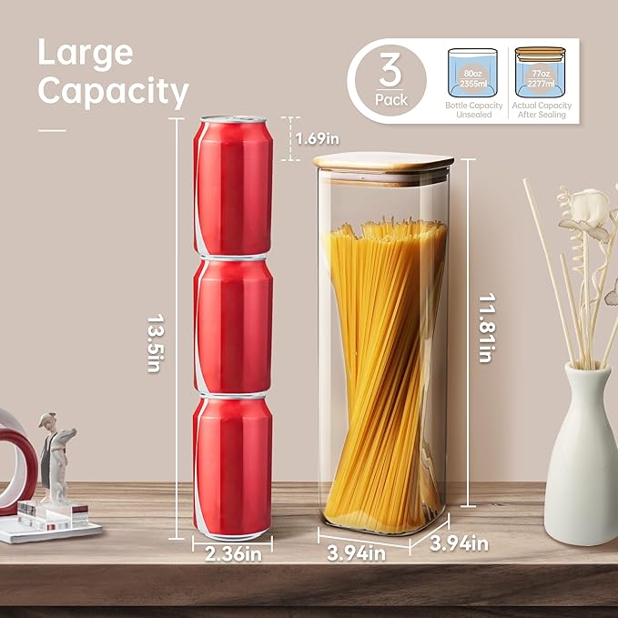 Square Glass Jars with Bamboo Lids 79 FL OZ [Set of 3], Glass Canisters with Airtight Lid, Glass Food Storage Containers for Spaghetti, Fettuccine, Linguine,Pasta, Best for Kitchen & Pantry