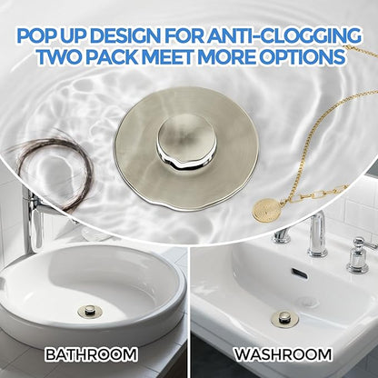 zaa Bathroom Sink Stopper - 2Pack Bathroom Sink Drain Strainer,Pop Up Bathroom Drain Stopper with Anti-Clogging Filter Basket,for 1.05~1.65 in U.S.Standard Basin Drain Holes,Brushed Nickel