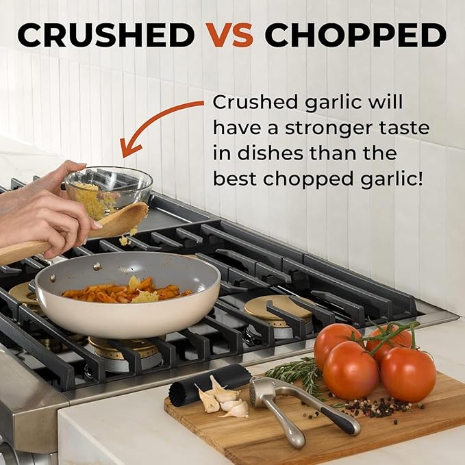 Zulay Kitchen Premium Garlic Press Set - Rust Proof & Dishwasher Safe Professional Garlic Mincer Tool - Easy-Squeeze, Easy-Clean with Soft, Ergonomic Handle - Silicone Garlic Peeler & Brush (Silver)