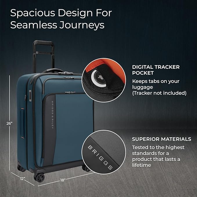 Briggs & Riley 26" Medium Expandable Spinner - Checked Luggage for Travel, Suitcases with Wheels, Softside Rolling Bag for Men & Women - ZDX Collection, Ocean