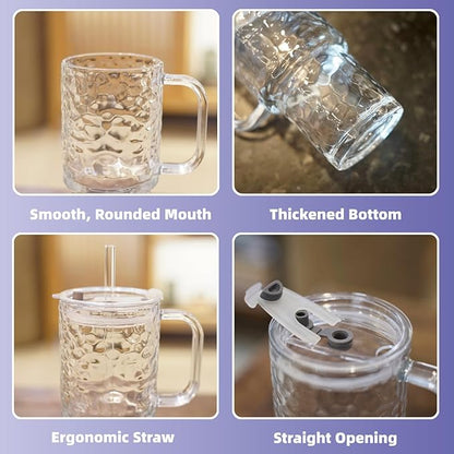 20 oz Glass Tumbler with Handle Set, 2 Pcs Clear Stanley Cup with Straw and Lid, Reusable Glass Cups for Coffee, Tea, Coffee, Juice, Yogurt, And Soda Water
