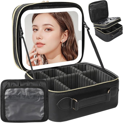 Travel Makeup Bag with LED Mirror Double Layer, Detachable Vanity Mirror with Lights, Tri-light Dimmable, Makeup Case with Adjustable Dividers and Brush Holder Cosmetic Organizer Storage Box