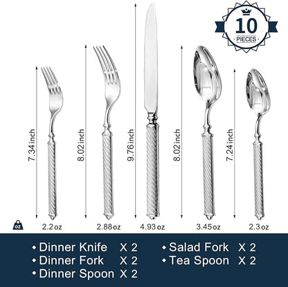 KINGSTONE Retro Rope-Pattern Silverware Set, 10-Piece Flatware Set Cutlery Set Forged with Handcrafted Texture Handles 18/10 Stainless Steel, Dishwasher Safe