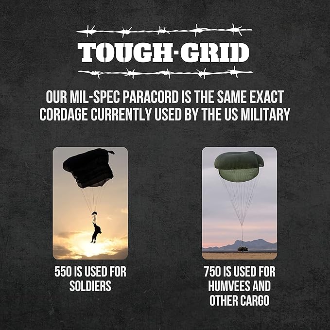 TOUGH-GRID 550 Paracord Rope Nylon Parachute Cord, Made in USA Survival Kit, Outdoor Adventures, Camping, Tactical Gear & Emergency Supplies, Military Type III Mil-Spec