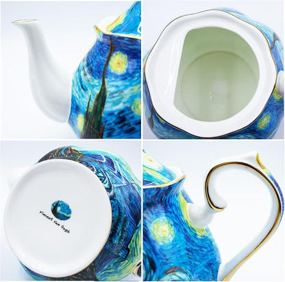 Teapot 30 oz Van Gogh Paintings Bone China Loose Tea Pot Floral Design Vintage Ceramic Coffee Water Pot European Style Porcelain (Starry Sky)