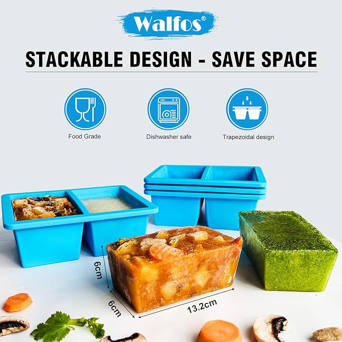 Walfos Silicone Soup Freezer Container, 1.5-Cup Soup Freezer Cube Tray with Lid Prevents Freezer.Soup Freezer Molds.BPA FREE and Dishwasher Safe.Silicone Mold for Soup and Food Storage -blue- 3-Pack