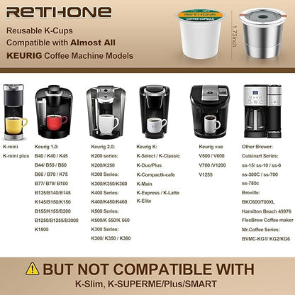 RETHONE Reusable K Cups and Coffee Pods for Keurig 1.0 & 2.0 Coffee Maker Stainless Steel Coffee Filter(2 pack)