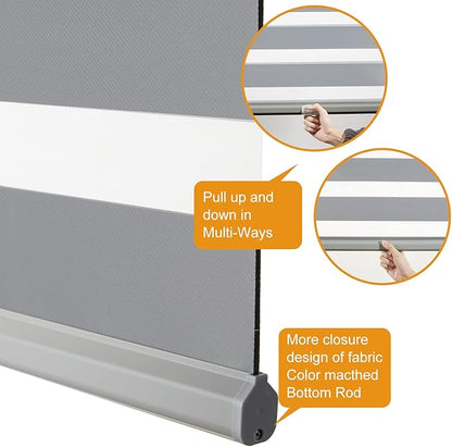 Persilux Cordless Zebra Blinds for Windows Free-Stop Roller Windows Shades (36" W X 47" H, Grey) Dual Layer Light Control for Day and Night, Light Filtering Sheer Shades for Home