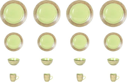 16 Piece Dinnerware Set, Ceramic Plates and Bowls Sets for 4, Microwave and Dishwasher Safe, Handcrafted Tree Bark Series Dish Set, Oak Forest/Dark Green